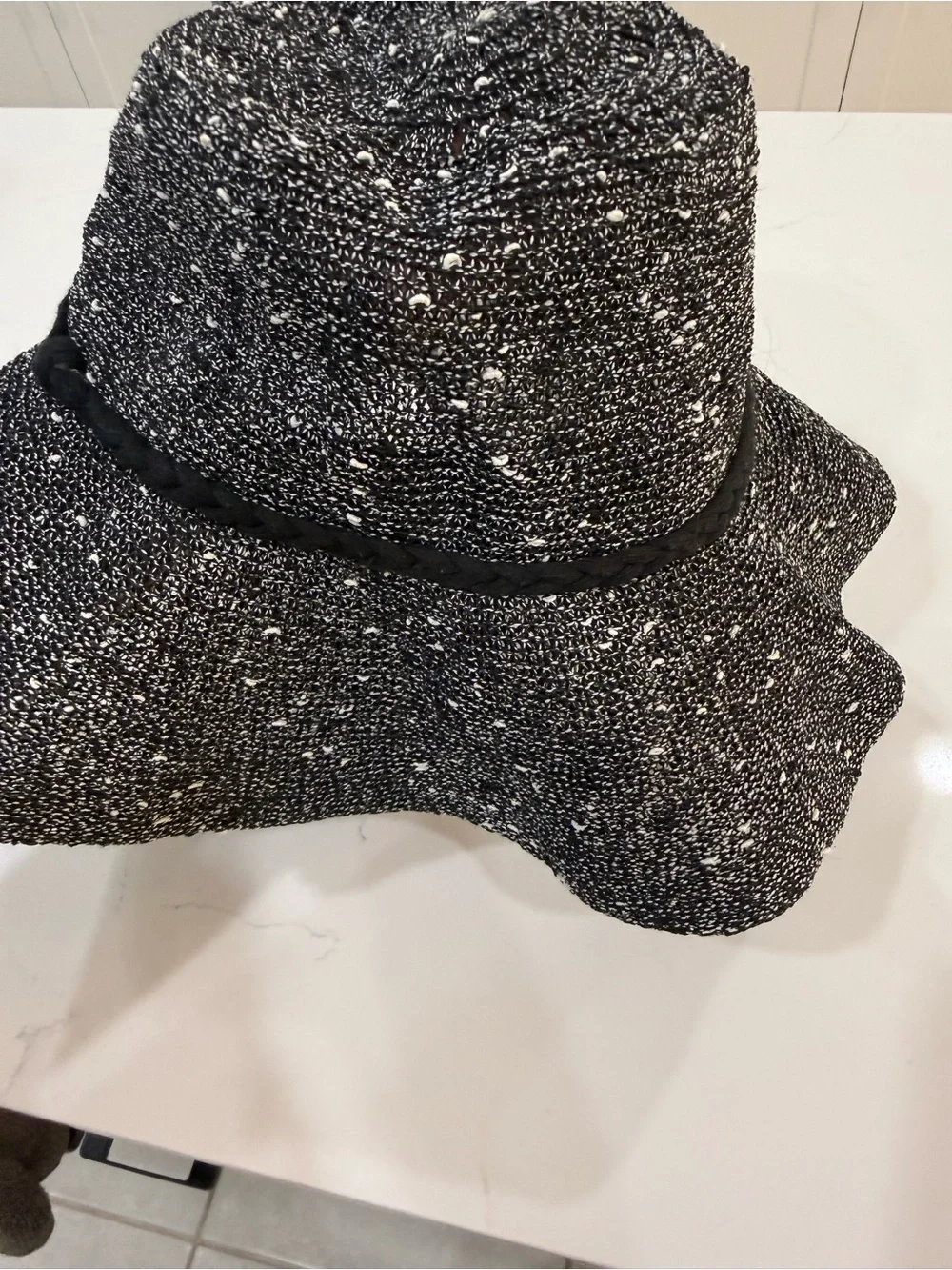 Black & White Tweed Fluffy Sun Hat Braided Trim One Size